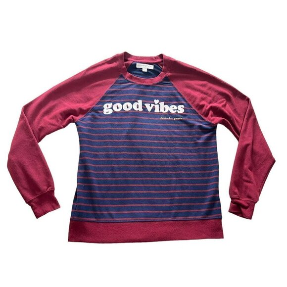 Spiritual Gangster Women's Sz S Burgundy Blue Striped Sweatshirt Good Vibes - Picture 7 of 8